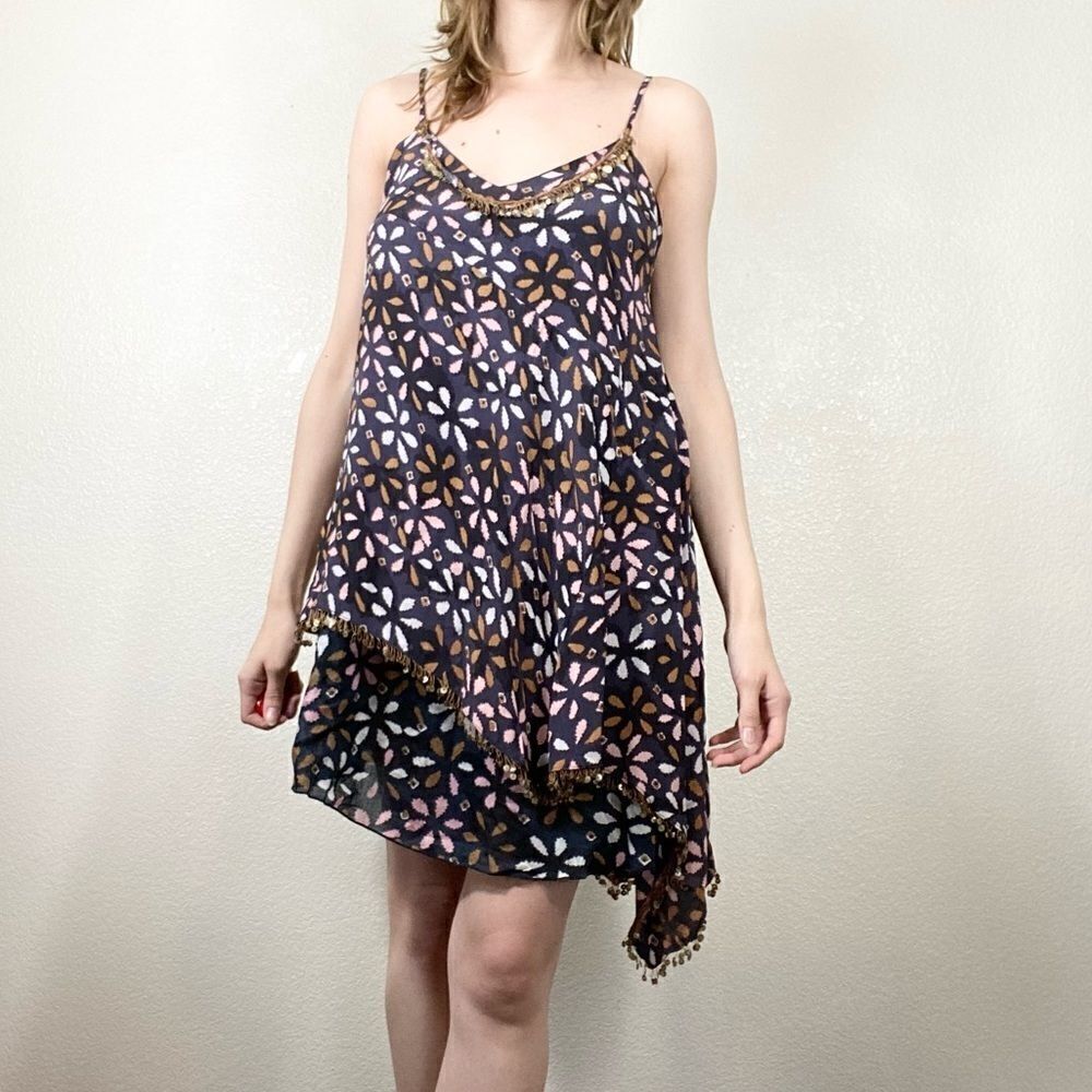Free People Navy Floral Print Asymmetric Layered Mini Dress